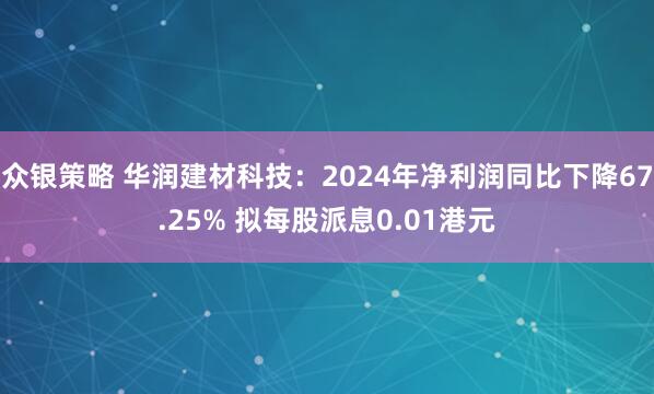 众银策略 华润建材科技：2024年净利润同比下降67.25% 拟每股派息0.01港元